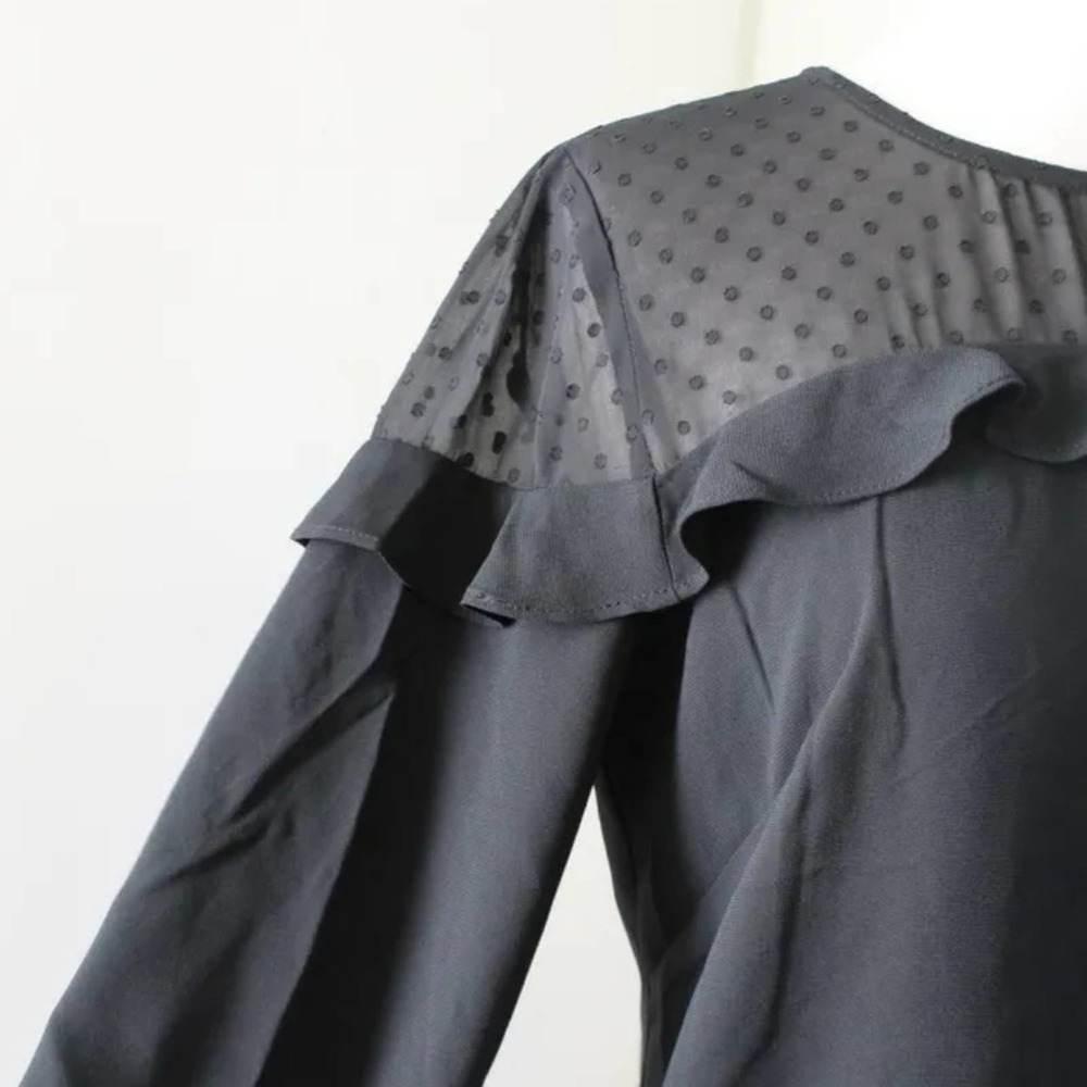 NWOT Ann Taylor Loft Womens Black Mesh Polka Dot Ruffle Trim Shift Dress - Picture 3 of 5